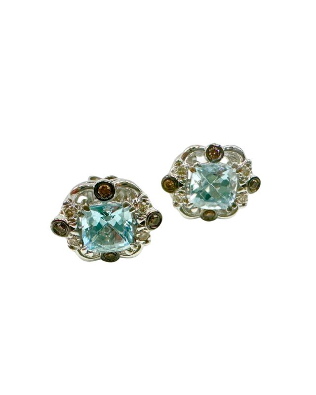 14k Vanilla Gold LeVian Sea Blue Aquamarine Earrings w Dia Accents