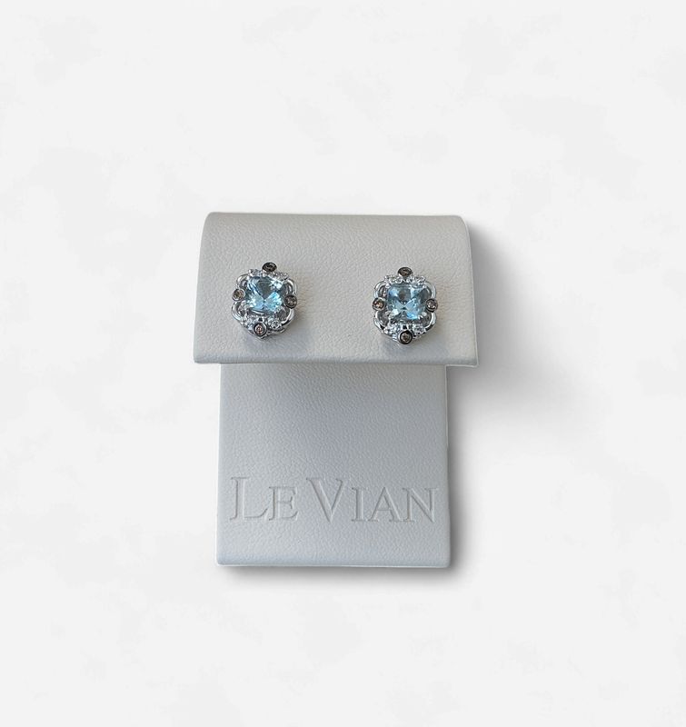 14k Vanilla Gold LeVian Sea Blue Aquamarine Earrings w Dia Accents