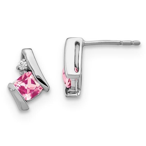 10k White Gold Created Pink Sapphire and Diamond Earrings