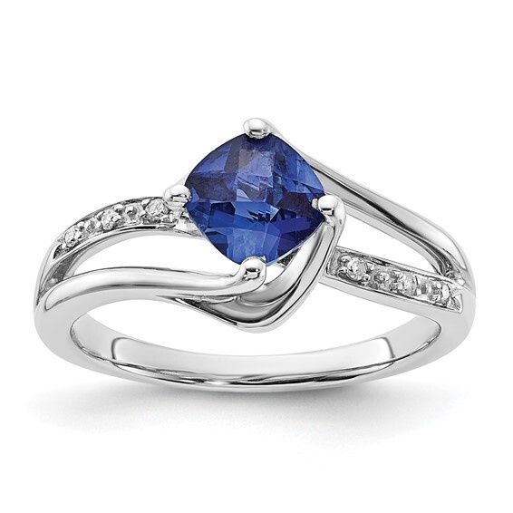 10k White Gold Created Blue Sapphire and Diamond Ring
