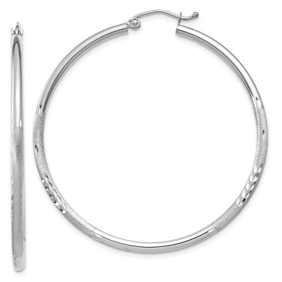 10k White Gold Satin and Diamond Cut 2mm Round Hoop Earrings