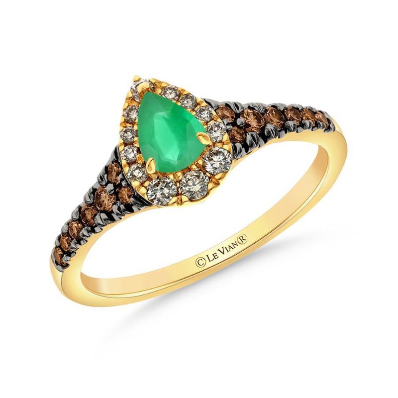 14k Honey Gold LeVian .34 Diamond and .25 Costa Smeralda Emerald center Ring