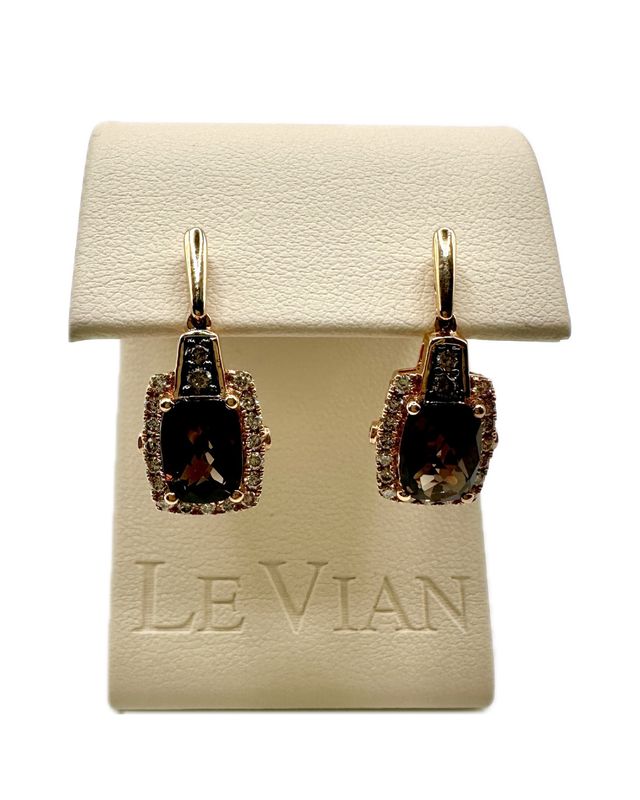 14k Strawberry Gold LeVian Earrings 2 1/3 Chocolate Quartz and 3/8 Nude Diamond Sides