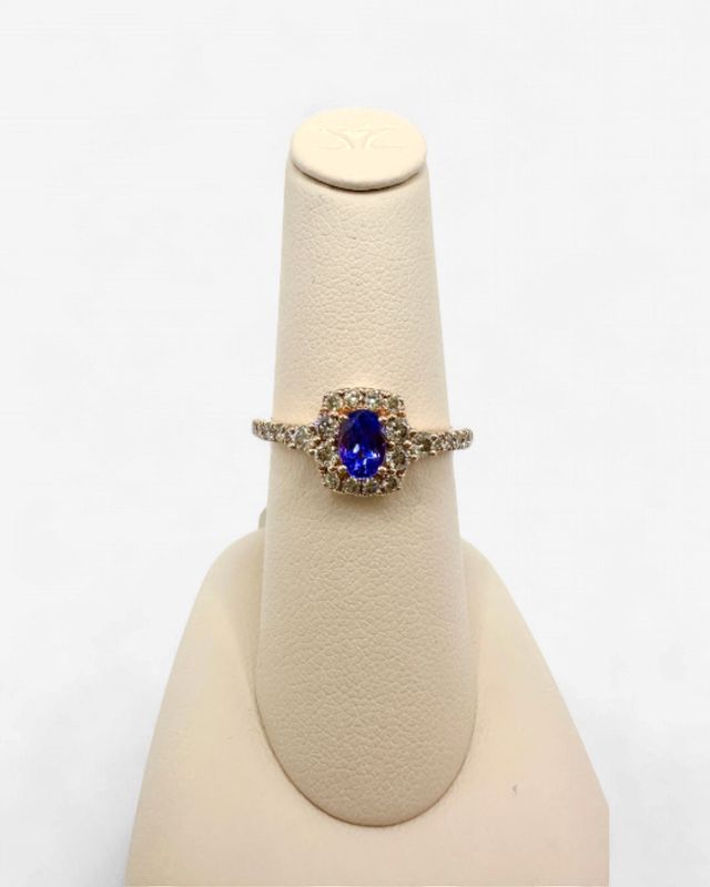 14k Strawberry Gold LeVian Ring w 3/8 Blueberry Tanzanite Center 1/2 ct Diamond Sides