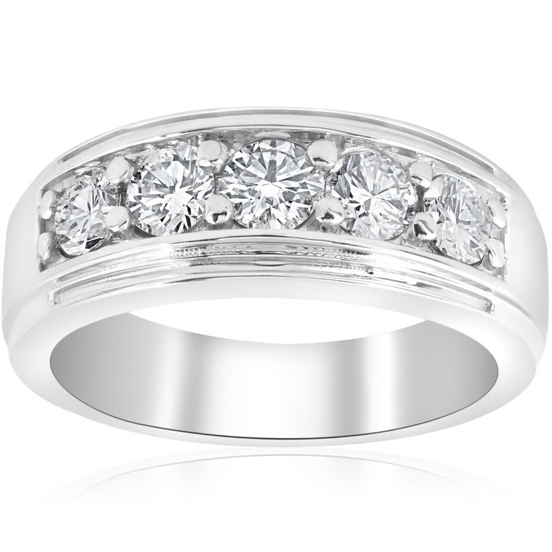 14k White Gold 1ct Natural Diamond 5 stone Men's Leo Band E-F SI1-SI2
