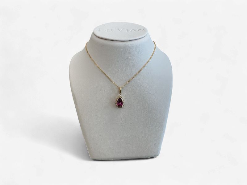 14k Honey Gold LeVian 1ct Raspberry Rhodolite Necklace with Nude Dia Accents
