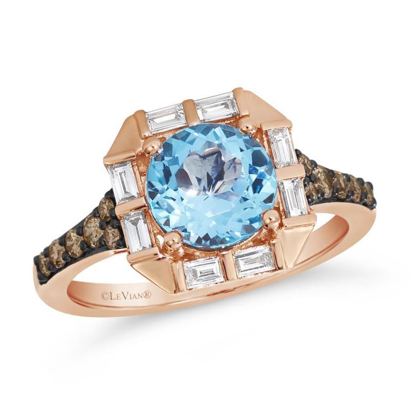 14k Strawberry Gold LeVian 2ct Ocean Blue Topaz Center w/ 1/4 ct Chocolate and 1/4 Vanilla Diamond Sides