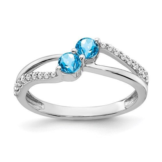 14k White Gold Blue Topaz and Diamond Bypass Ring