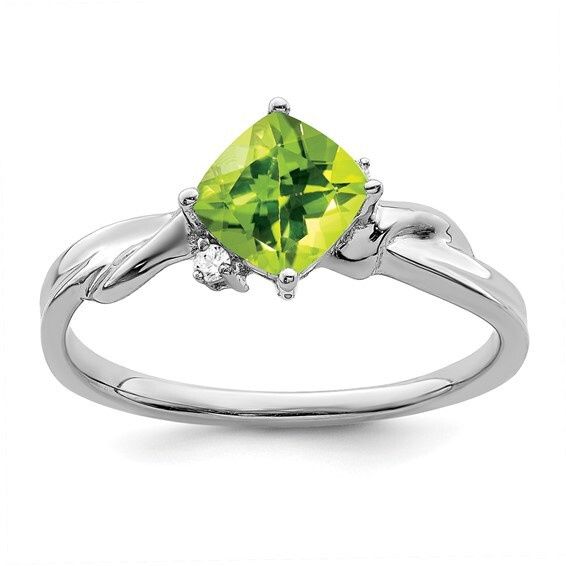 14k White Gold Cushion Peridot and Diamond Ring