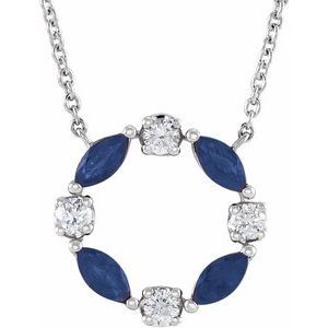 14K White Natural Blue Sapphire &amp; 1/10 CTW Natural Diamond Circle 18" Necklace