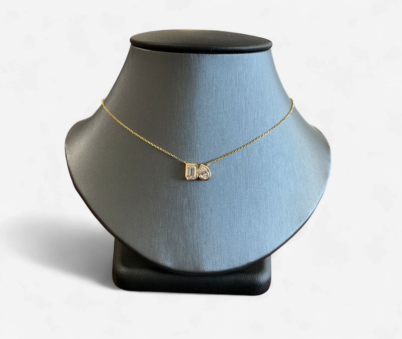 14k Yellow Gold 2 stone Lab Grown Diamond Necklace Emerald and Pear Shaped stones