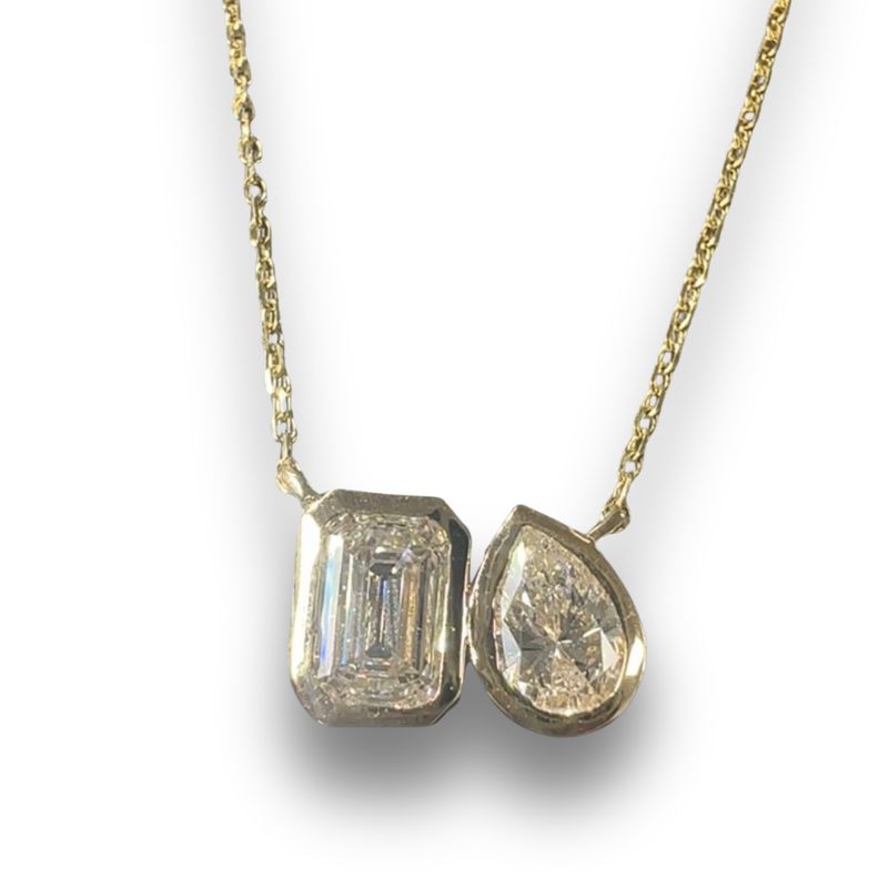 14k Yellow Gold 2 stone Lab Grown Diamond Necklace Emerald and Pear Shaped stones