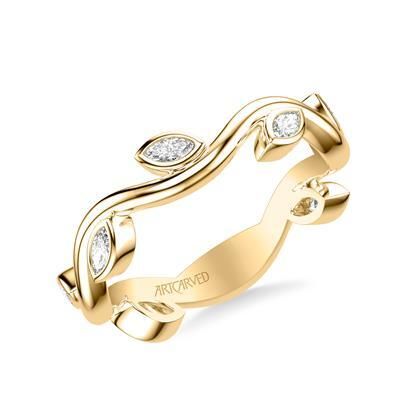 14k Yellow Gold Floral Stackable Ring with Vine Bezel Set Marquise Diamonds and Organic Vine Band