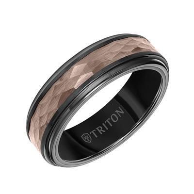7MM Espresso Tungsten Carbide Ring - Hammered Center and Step Edge-10