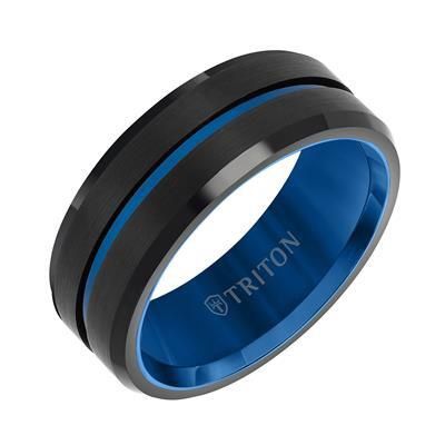 Brush Finish Step Edge Contemporary Wedding Band Blue Stripe- 10