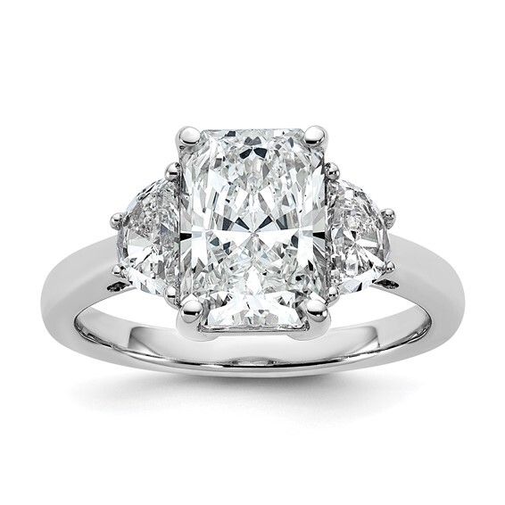 14k White Gold 3 1/8 carat Certified Lab Grown Diamond VS/SI+ G+ Radiant and Half Moon Three Stone Engagement Ring
