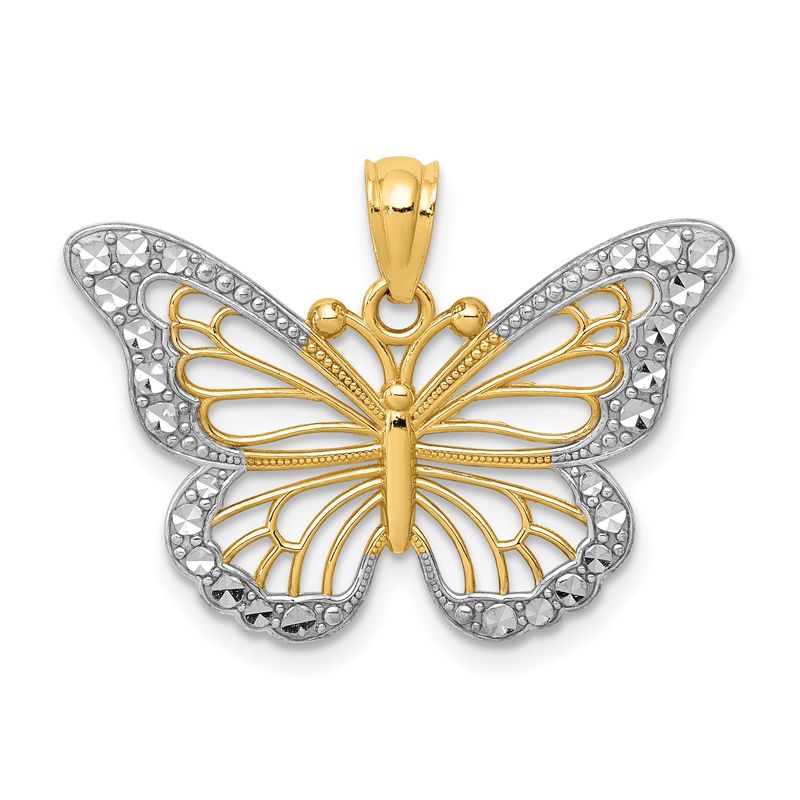 14k Yellow w/ White Rhodium Diamond-cut Polished Cut-out Butterfly Pendant