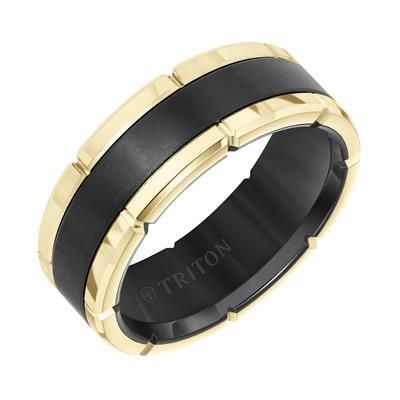 8MM Black Tungsten Carbide Flat Comfort Fit Band W/Brush Center &amp;Rose Rims- 10