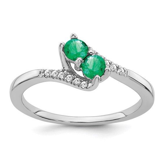 14WG Emerald and Diamond 2 stone Bypass Ring
