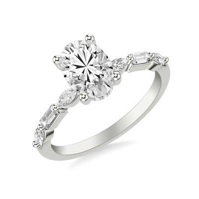 2 3/8 tdw Lab Grown Engagement Ring w/ 2.05 F VS2 Oval center and Round, Baguette and Marquise Accent Stones 14k White Gold