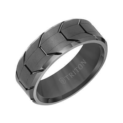 8MM Tungsten Carbide Ring - Gunmetal Tire Thread Center and Bevel Edge- 10