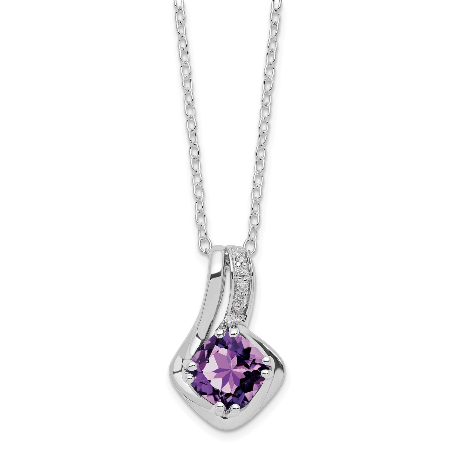 SS Cushion Checkerboard Amethyst &amp; Diamond Pend Necklace