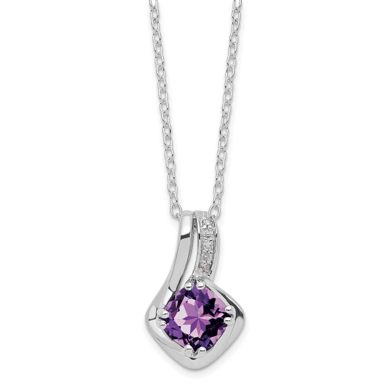 SS Cushion Checkerboard Amethyst &amp; Diamond Pend Necklace