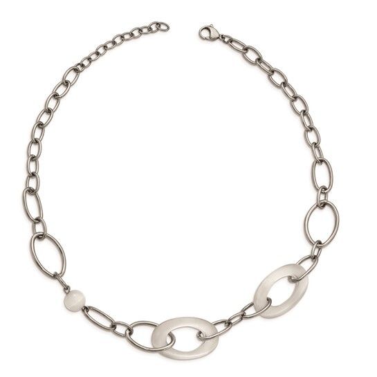 Stainless Steel Polished White Cat's Eye 16in with 2in ext Necklace