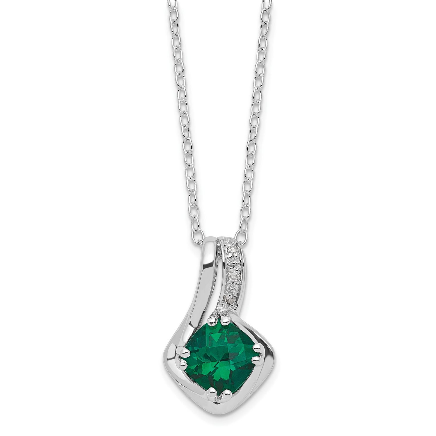 SS Cushion Checkerboard Created Emerald &amp; Diamond Pend Necklace