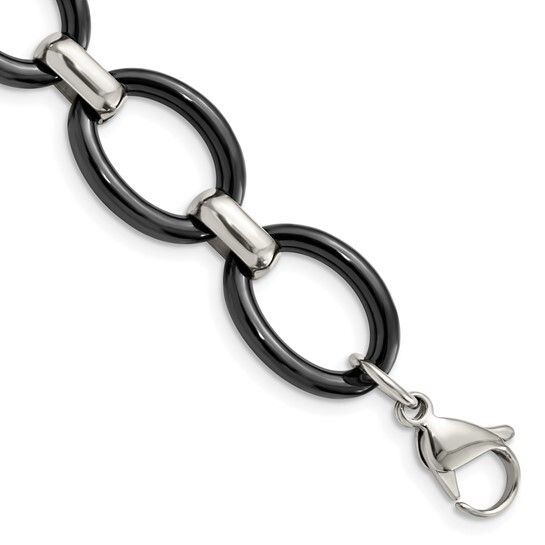 Stainless Steel Polished with Black Ceramic with 2in ext. 30in Necklace