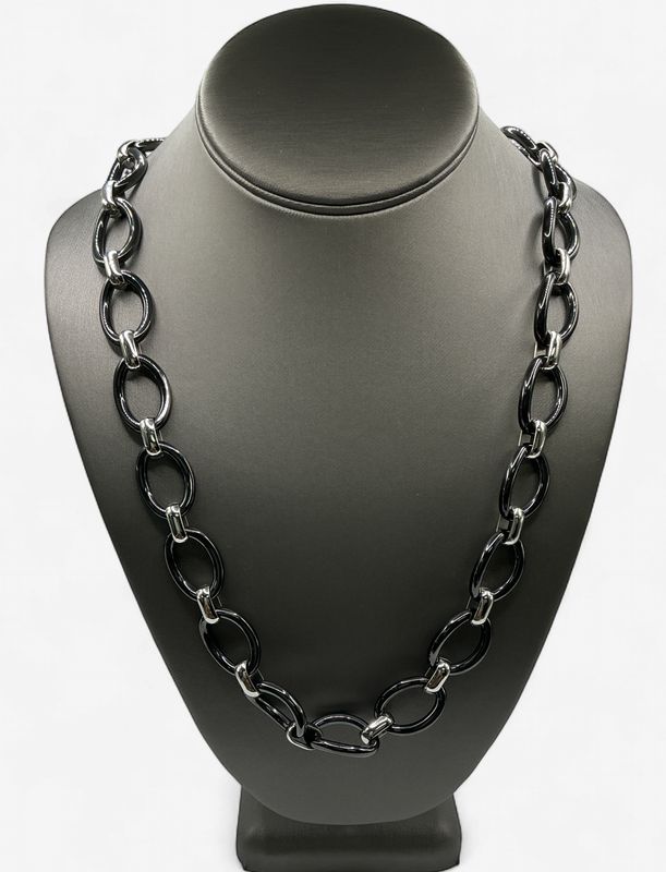 Stainless Steel Polished with Black Ceramic with 2in ext. 30in Necklace