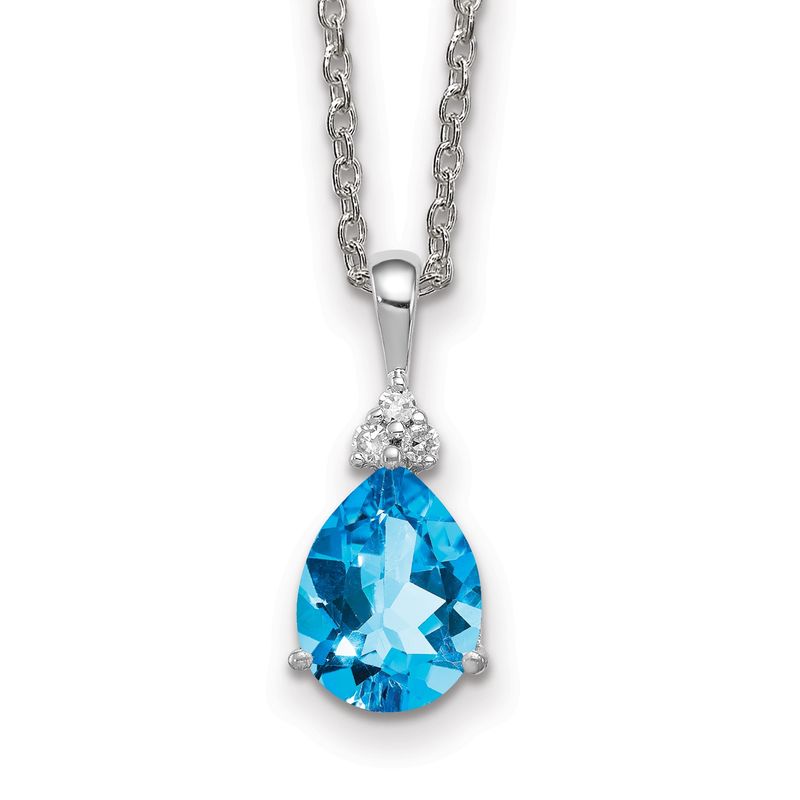 Sterling Silver Rhodium Diamond &amp; Light Swiss Blue Topaz Teardrop Necklace