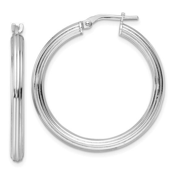 Sterling Silver Rhodium Plated Polished Ridged 3mm Round Hoop Earrings