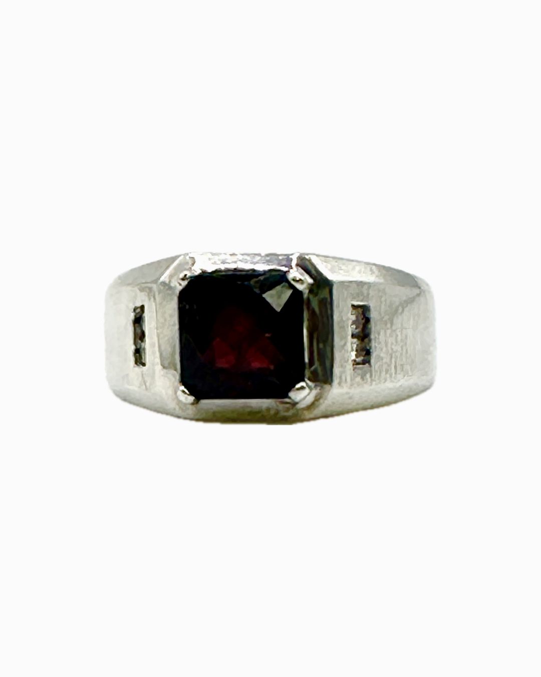 Pre-Loved Sterling Silver Created Ruby Men's Ring w/ Diamond Sides, size 9.5