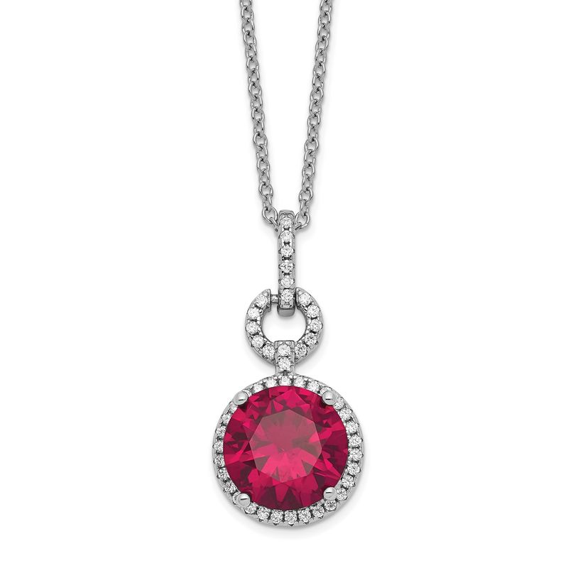 Silver Rhodium-plated Lab Created Ruby and Brilliant-cut White CZ Round Halo 18 Inch Necklace