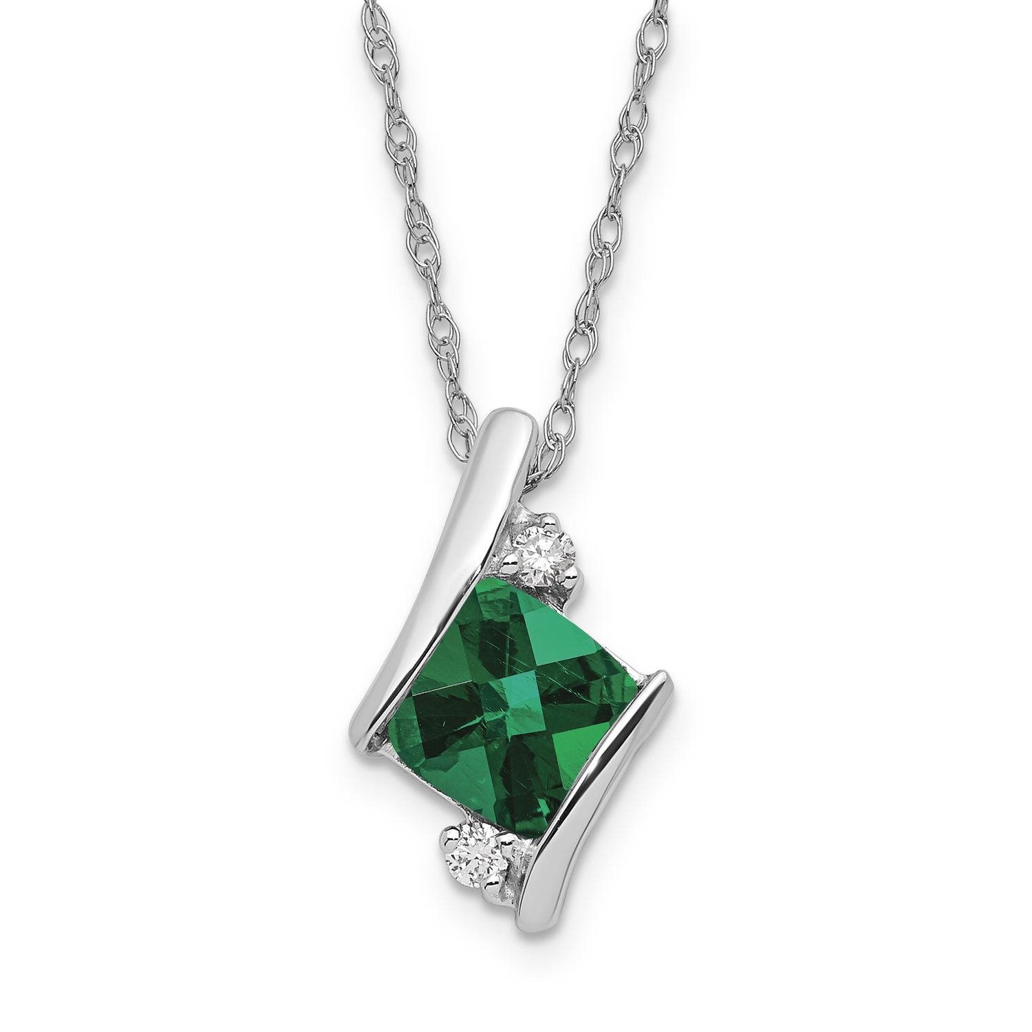 SS Created Emerald &amp; Diamond Pend Necklace