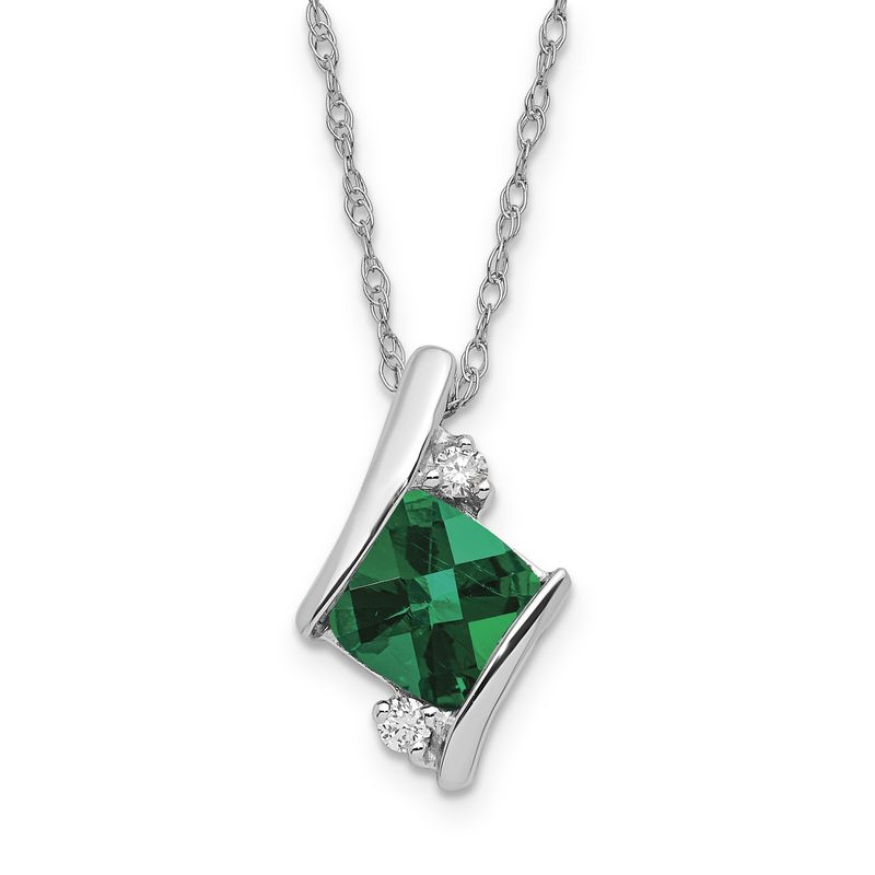SS Created Emerald &amp; Diamond Pend Necklace