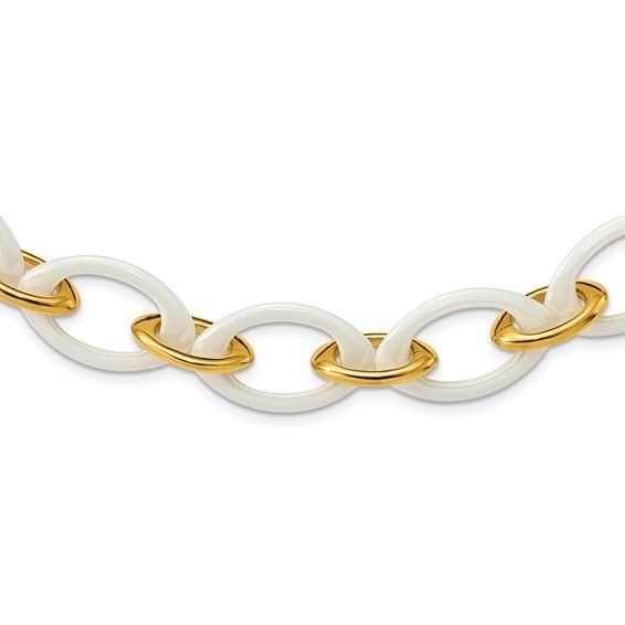 Stainless Steel Polished Yellow IP and White Ceramic 20in Necklace