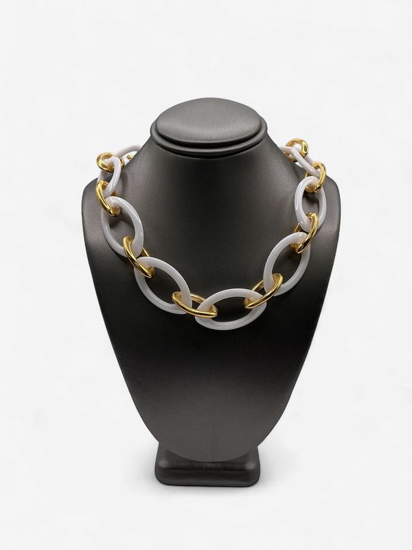 Stainless Steel Polished Yellow IP and White Ceramic 20in Necklace