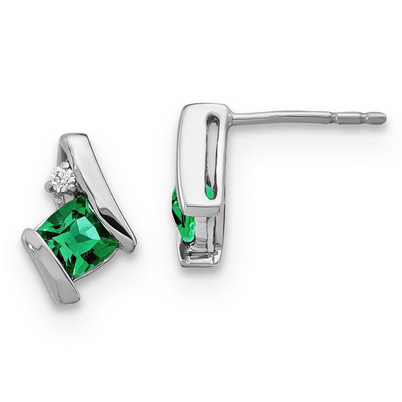 Sterling Silver Created Emerald &amp; Diamond Earrings