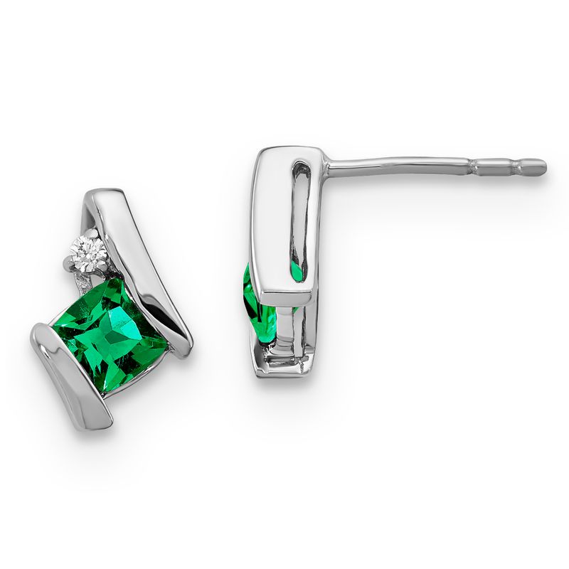 Sterling Silver Created Emerald &amp; Diamond Earrings