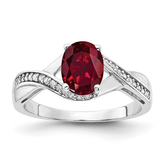 Sterling Silver Oval Shaped Created Ruby and Diamond Ring