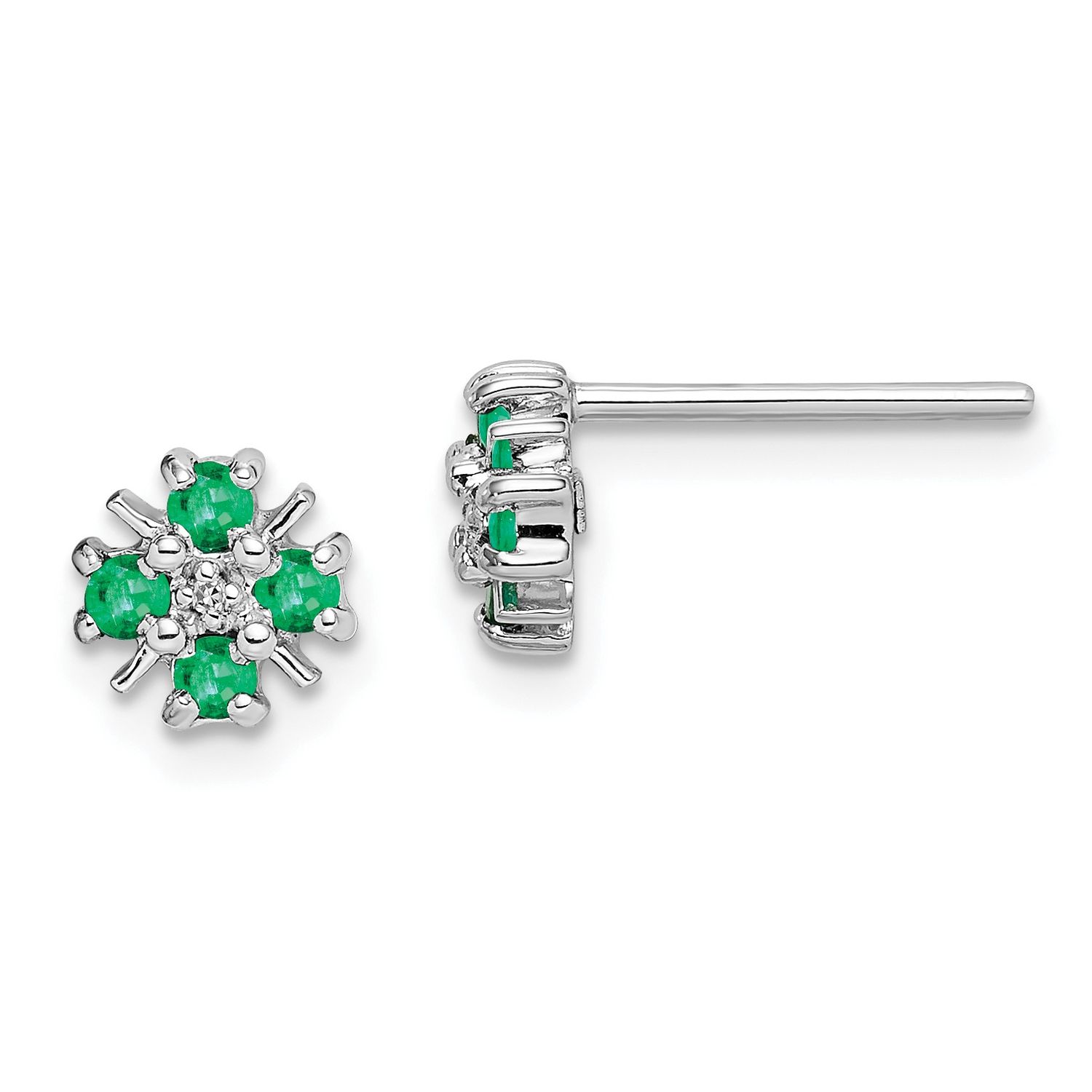 Sterling Silver Rhodium Emerald &amp; Diamond Post Earrings