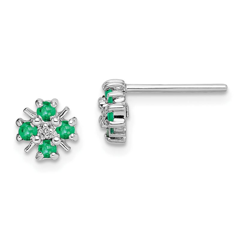 Sterling Silver Rhodium Emerald &amp; Diamond Post Earrings