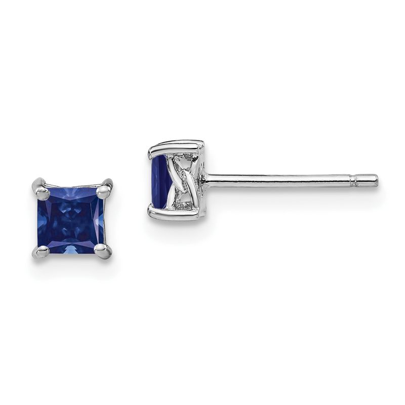 Sterling Silver Rhodium Plated 4mm Princess Created Sapphire Post Earrings
