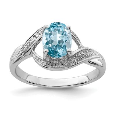 Sterling Silver Rhodium Light Swiss Blue Topaz &amp; Diamond Ring 7.00