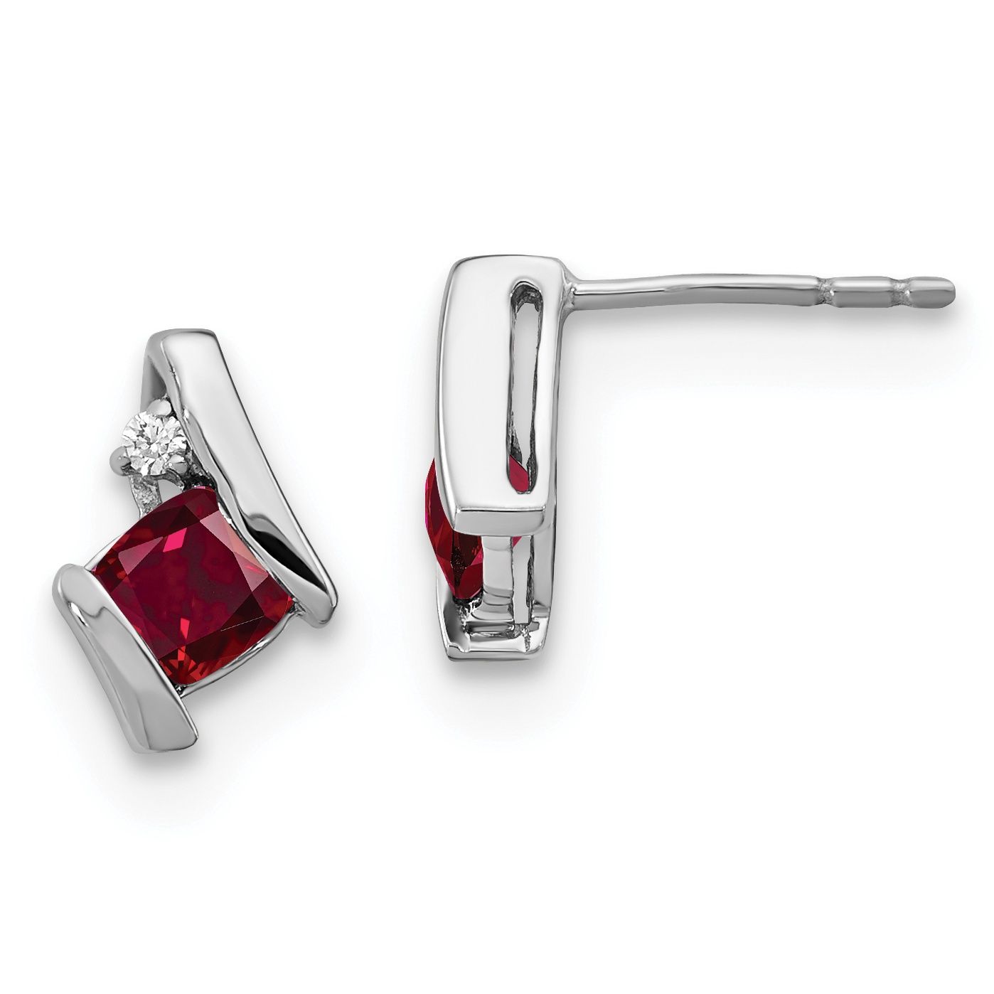 Sterling Silver Antique Cushion Created Ruby and Diamond Earrings