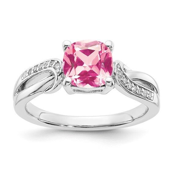 Sterling Silver Created Pink Sapphire and Diamond Ring