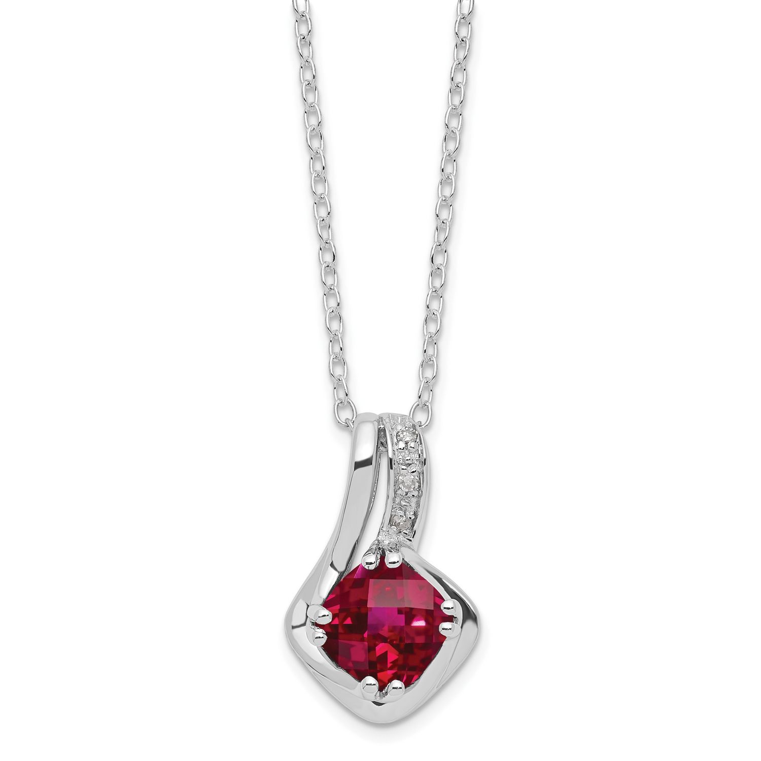 Sterling Silver Cushion Checkerboard Created Ruby &amp; Diamond Necklace