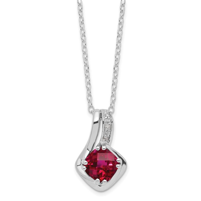 Sterling Silver Cushion Checkerboard Created Ruby &amp; Diamond Necklace